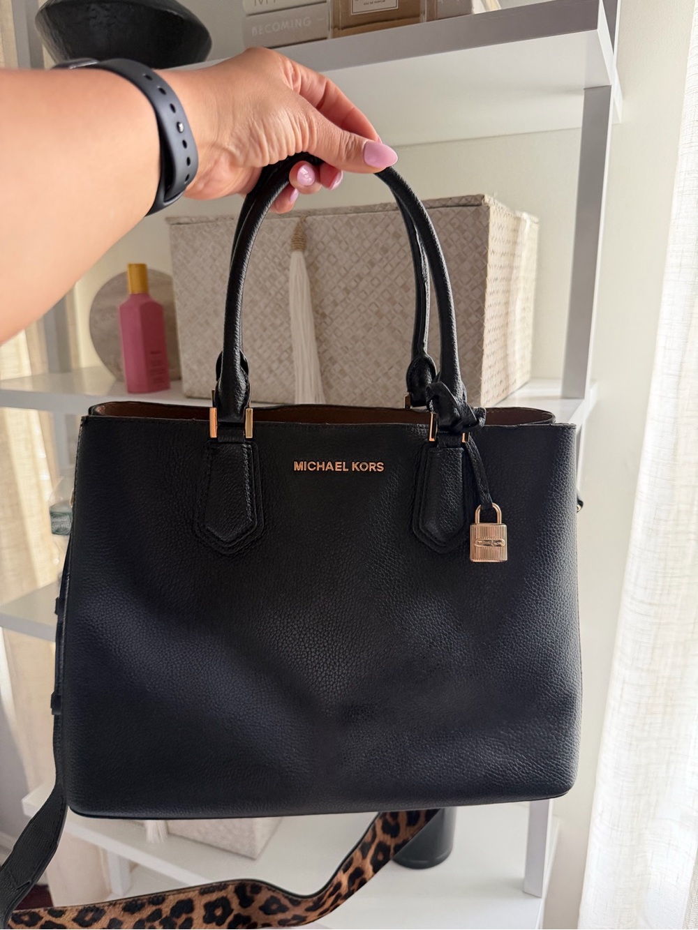 Michael Kors Black Leather Satchel with Gold Hardware